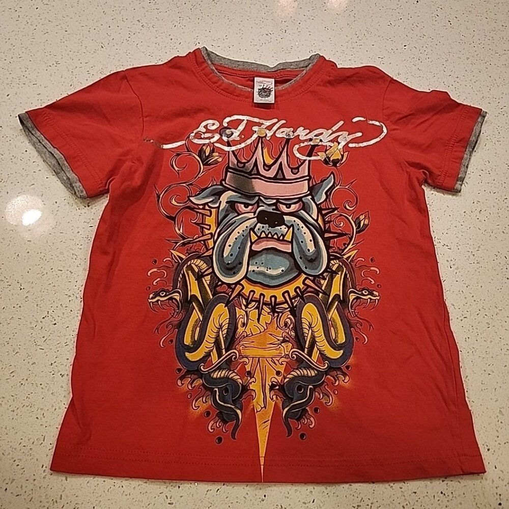Youth Boys Ed Hardy T-Shirt Bulldog Crown Small Red Short Sleeve Cotton